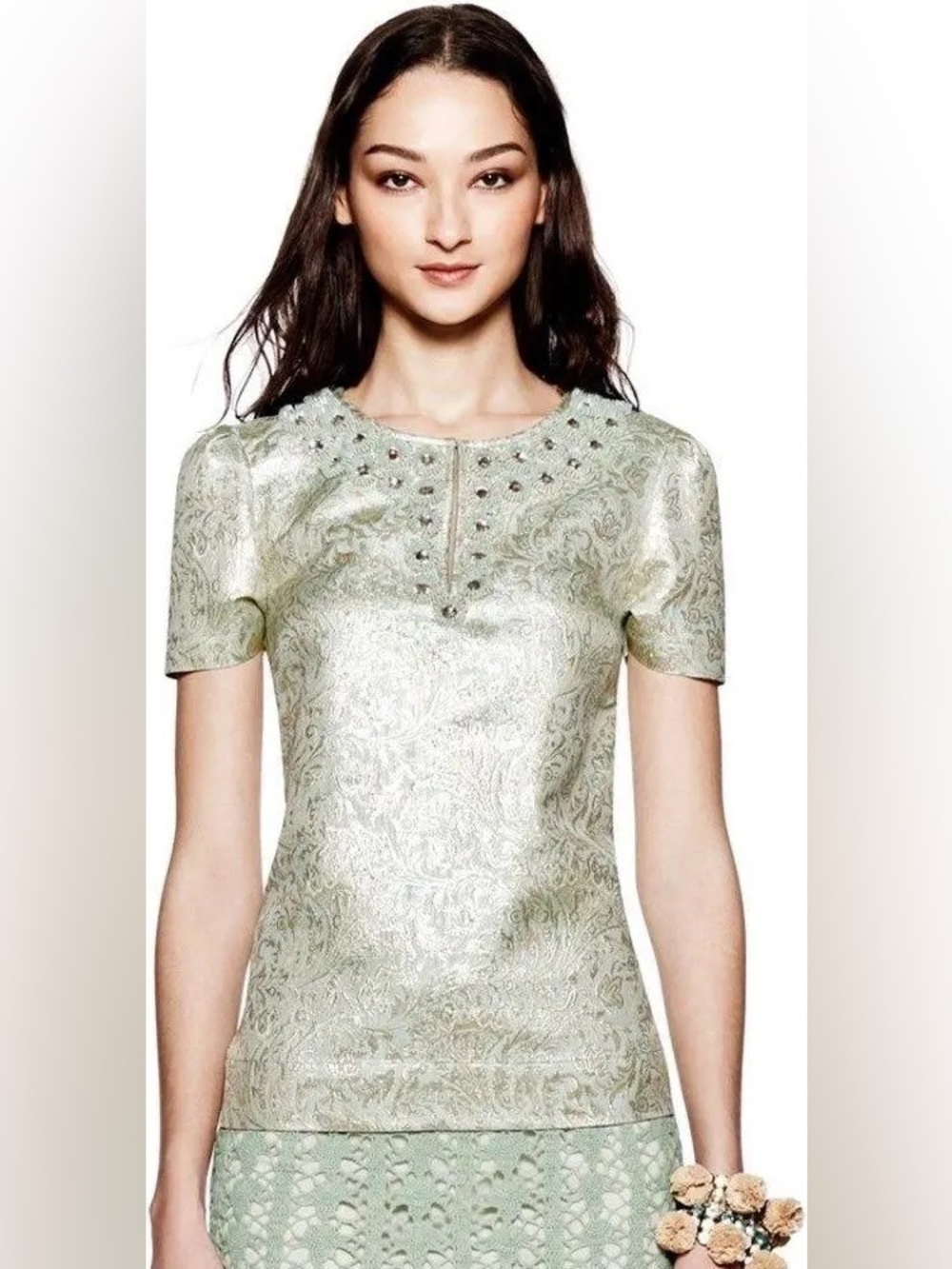 Vintage Tory Burch Lola Seafoam Green Metallic Jacquard Embellished Silk Top 6
